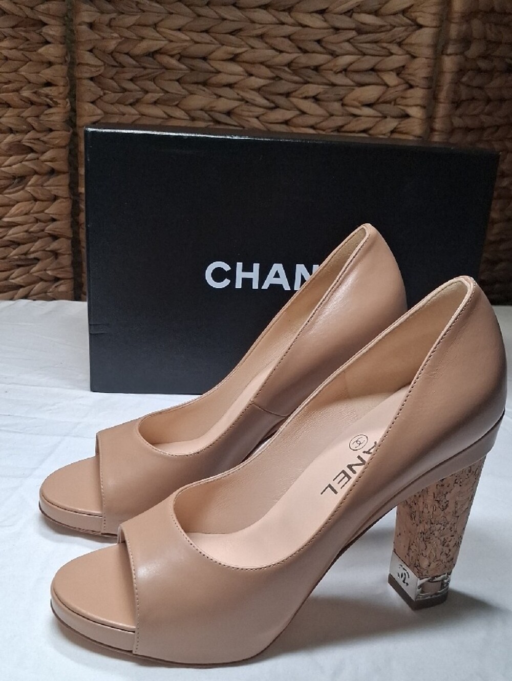 CHANEL Beige Leather Peep-Toe Pumps with Embellished Block Heel - Picture 5 of 12